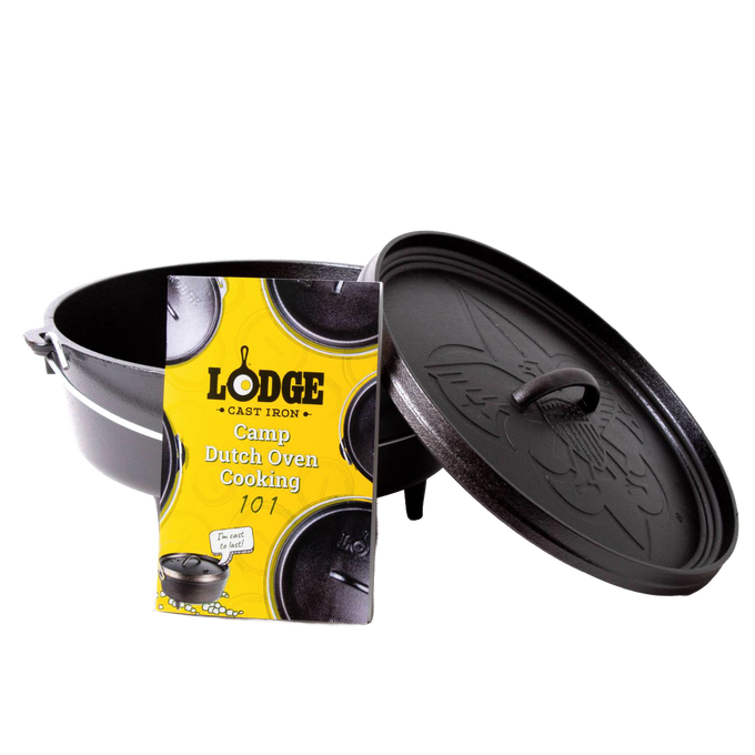 Seasoned cast iron camp Dutch oven with legs and bail handle, featuring embossed lid design and cooking guide, perfect for camping, kitchen, and outdoor cookware collections.