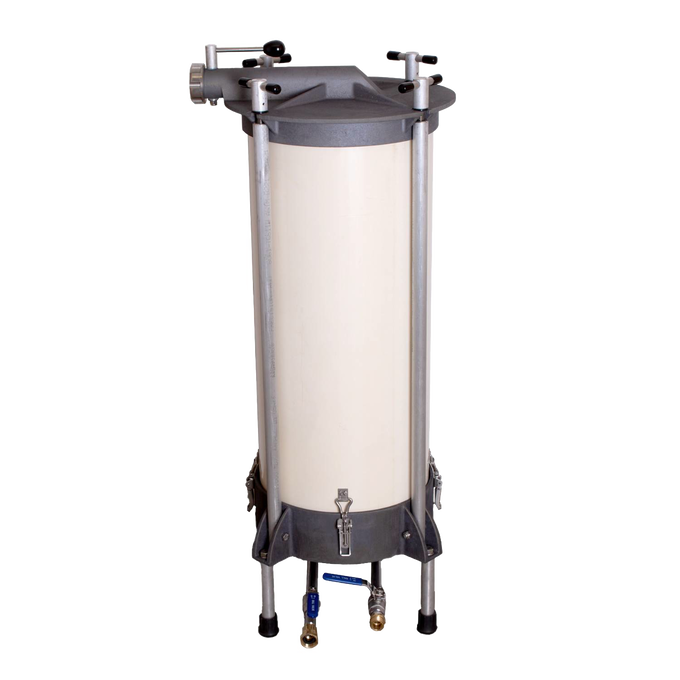 Freestanding high-capacity water-powered sausage stuffer with durable cylindrical chamber and metal frame, handcrafted and Amish made, suitable for Kitchen & Food, Butchering Supplies, and USA Made collections.