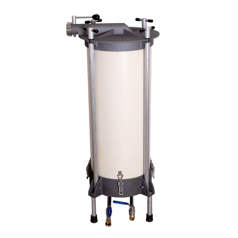 Freestanding high-capacity water-powered sausage stuffer with durable cylindrical chamber and metal frame, handcrafted and Amish made, suitable for Kitchen & Food, Butchering Supplies, and USA Made collections.
