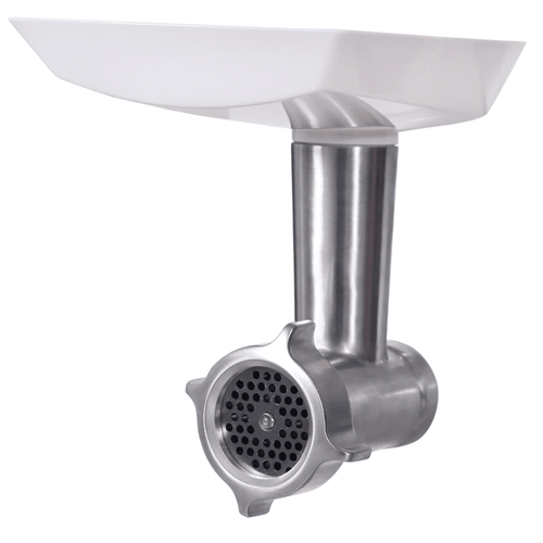 Stainless steel meat grinder attachment with white plastic hopper, designed for Bosch Universal Mixers, ideal for Kitchen & Food, Kitchen Gadgets, Butchering Supplies, and Best Sellers collections.