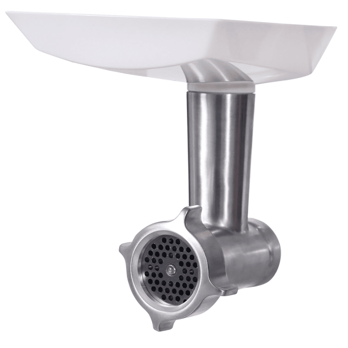 Stainless steel meat grinder attachment with white plastic hopper, designed for Bosch Universal Mixers, ideal for Kitchen & Food, Kitchen Gadgets, Butchering Supplies, and Best Sellers collections.