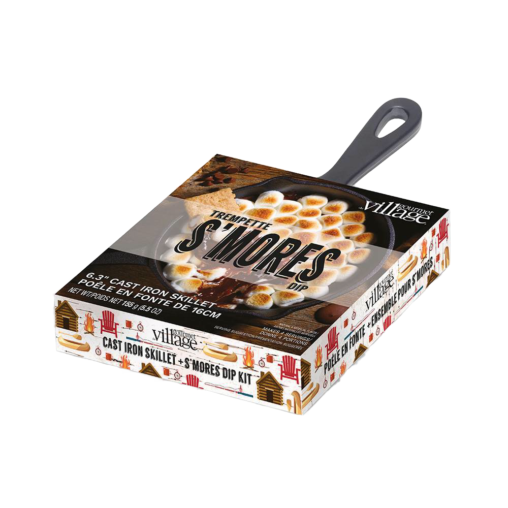 Boxed s’mores dip kit featuring a 6.3-inch cast iron skillet and toasted marshmallows, designed for Kitchen & Food, Dry Goods and Mixes, Best Sellers, Promo Eligible collections.