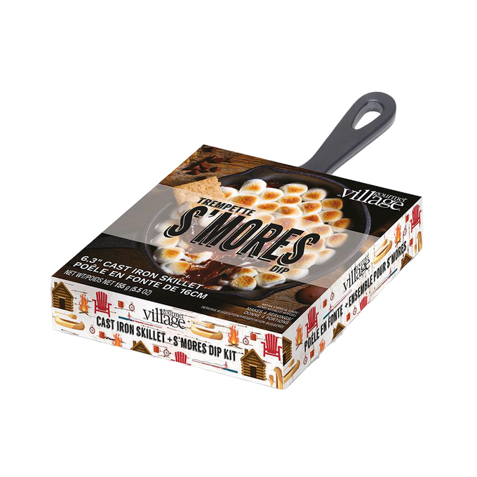 Boxed s’mores dip kit featuring a 6.3-inch cast iron skillet and toasted marshmallows, designed for Kitchen & Food, Dry Goods and Mixes, Best Sellers, Promo Eligible collections.