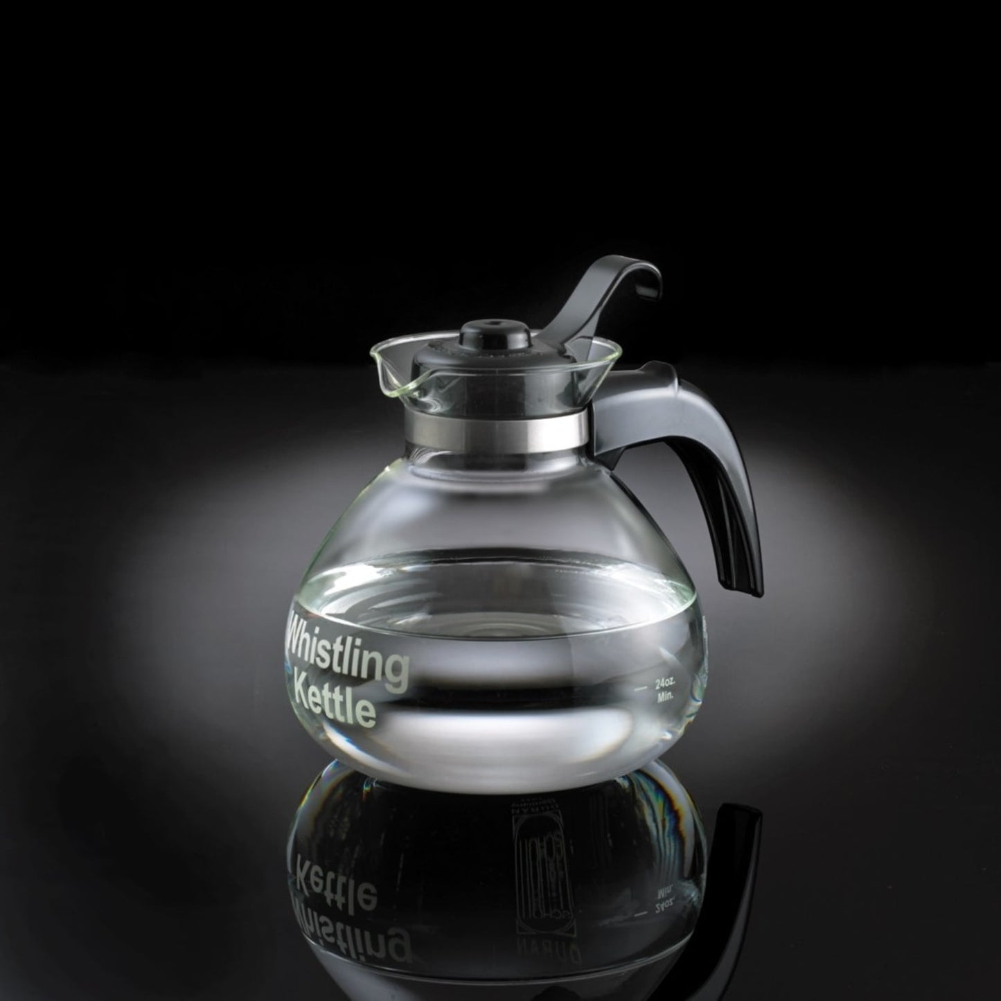 Clear glass whistling kettle with black handle and stainless steel band holding water, designed for Kitchen & Food, Brewing Coffee and Tea, Best Sellers, and Promo Eligible collections.