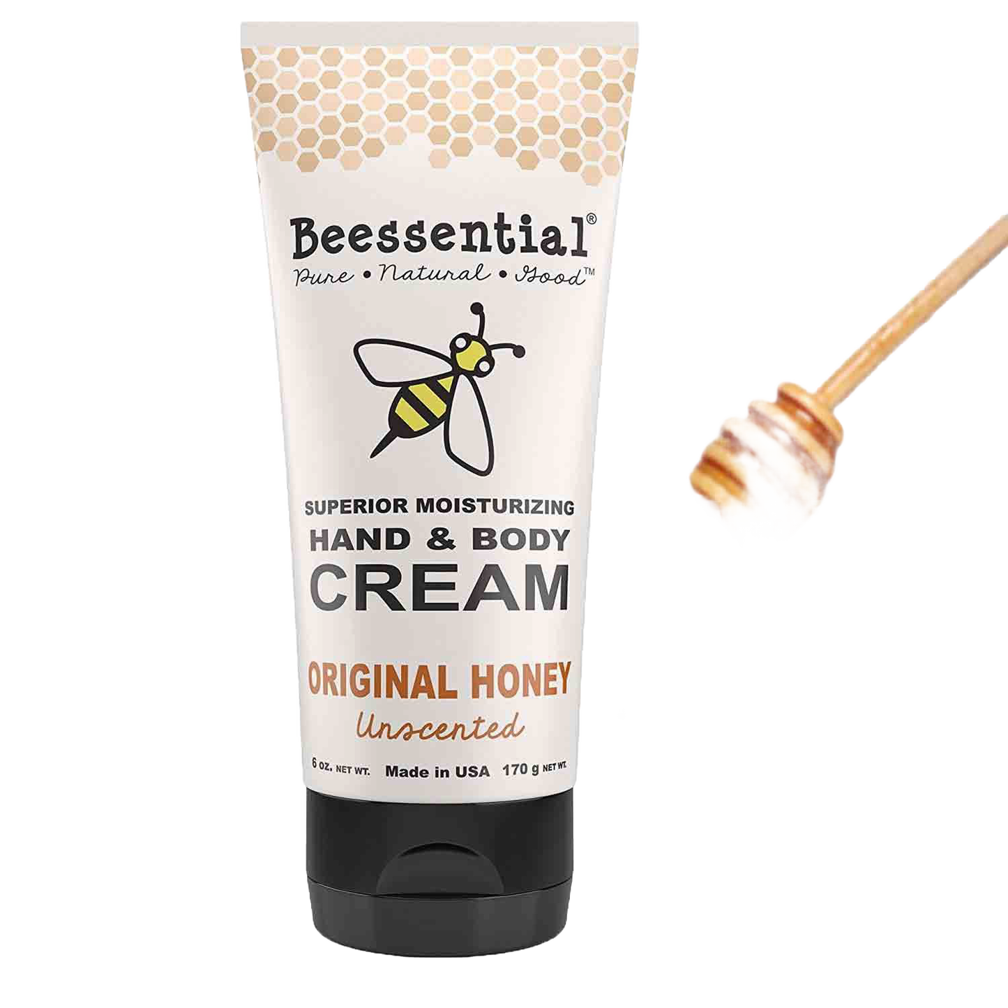 Tube of unscented moisturizing hand and body cream with original honey, handmade in USA, featuring natural ingredients, included in Health & Wellness, Balms, Creams and Lotions, USA Made, and Best Sellers collections.