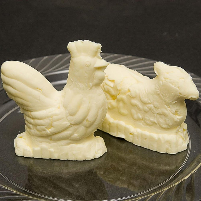 Handcrafted 2-piece butter mold creating detailed rooster and lamb shapes, made of blemish-free hardwood with natural finish, featured in Kitchen & Food, Specialty Equipment, Making Butter, Best Sellers, and Promo Eligible collections.