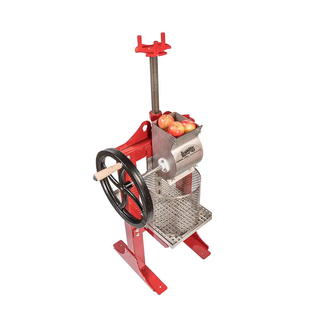 Handcrafted Lehman's stainless steel cider press with red frame and black cast iron crank wheel, designed for orchard and garden use, featured in USA Made and Farm, Garden & Tool collections.