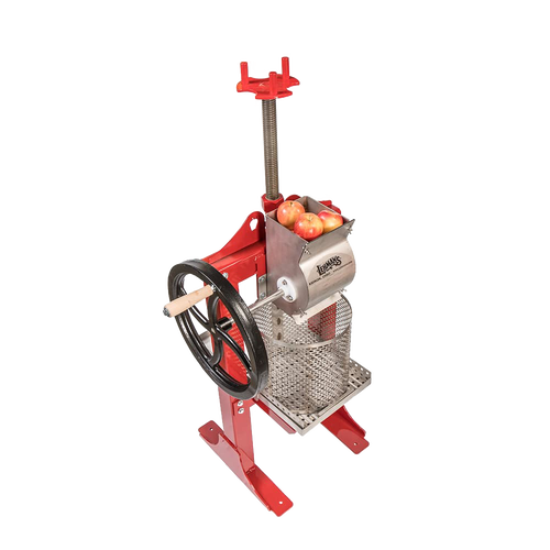 Handcrafted Lehman's stainless steel cider press with red frame and black cast iron crank wheel, designed for orchard and garden use, featured in USA Made and Farm, Garden & Tool collections.