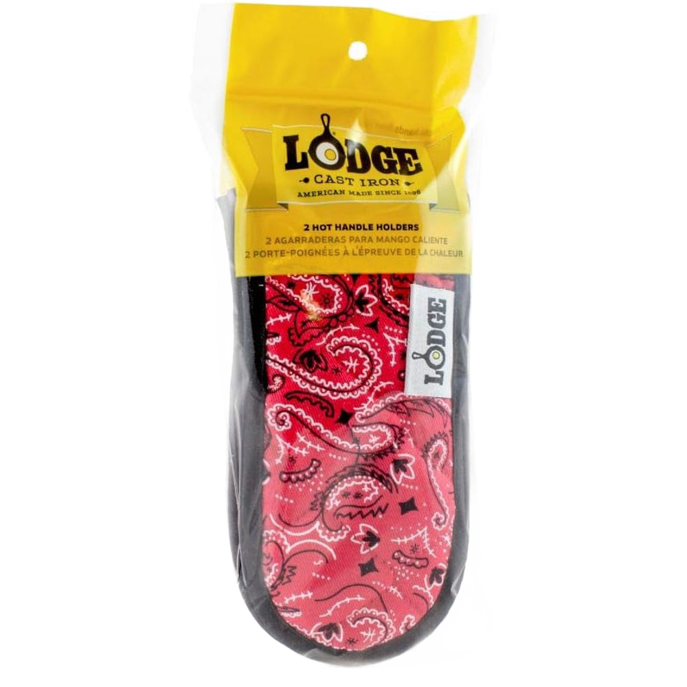 Set of two padded hot handle covers in red paisley pattern with black trim, designed to fit securely on cast iron cookware handles and protect hands from heat up to 350°F, ideal for Kitchen & Food, Cookware, Cast Iron, Best Sellers, and Promo Eligible collections.