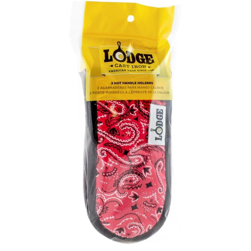 Set of two padded hot handle covers in red paisley pattern with black trim, designed to fit securely on cast iron cookware handles and protect hands from heat up to 350°F, ideal for Kitchen & Food, Cookware, Cast Iron, Best Sellers, and Promo Eligible collections.