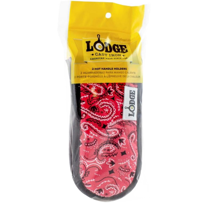 Set of two padded hot handle covers in red paisley pattern with black trim, designed to fit securely on cast iron cookware handles and protect hands from heat up to 350°F, ideal for Kitchen & Food, Cookware, Cast Iron, Best Sellers, and Promo Eligible collections.
