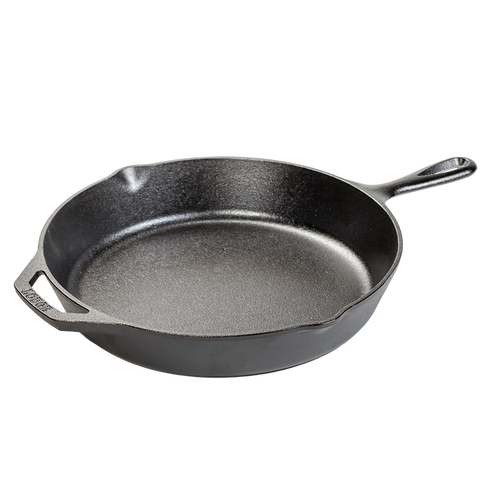 Heavy-duty cast iron skillet with a seasoned cooking surface and dual handles, handcrafted in USA, ideal for Kitchen & Food, Cast Iron, and Cookware collections.