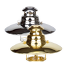 Two polished metal top reflectors for pressure lamps, one silver and one brass, designed to direct light downward for enhanced illumination, ideal for lamps and lighting accessories.