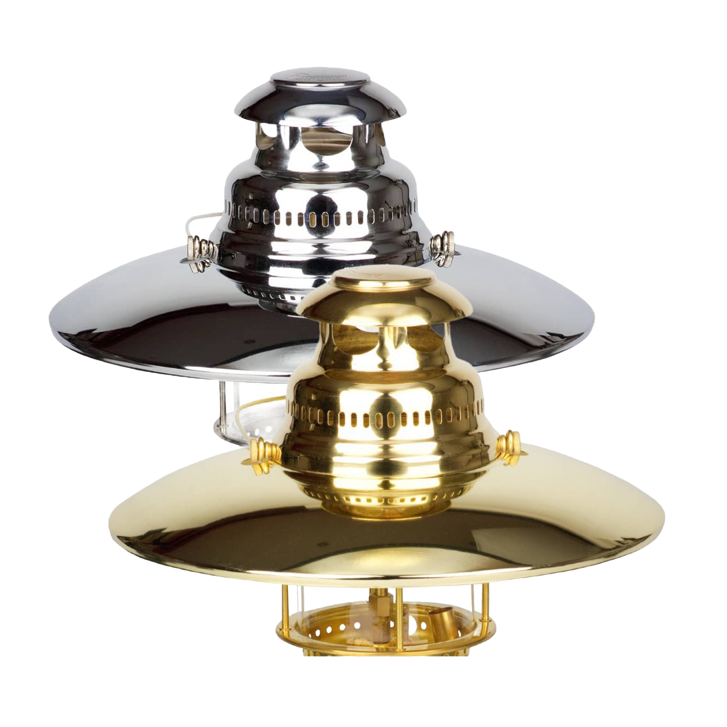 Two polished metal top reflectors for pressure lamps, one silver and one brass, designed to direct light downward for enhanced illumination, ideal for lamps and lighting accessories.
