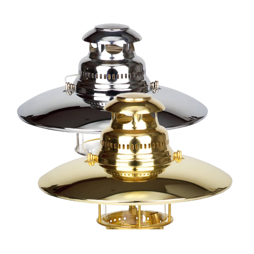 Two polished metal top reflectors for pressure lamps, one silver and one brass, designed to direct light downward for enhanced illumination, ideal for lamps and lighting accessories.