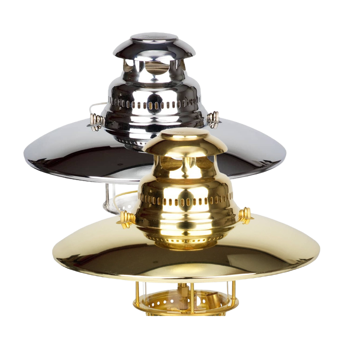 Two polished metal top reflectors for pressure lamps, one silver and one brass, designed to direct light downward for enhanced illumination, ideal for lamps and lighting accessories.