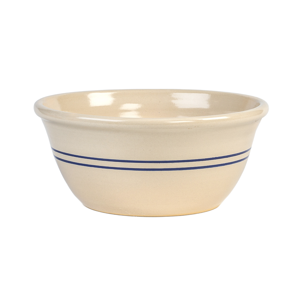 Handcrafted cream-colored stoneware mixing bowl with two blue stripes around the exterior, made in the USA, perfect for Kitchen & Food, Cookware, Baking Supplies, and Storage collections.