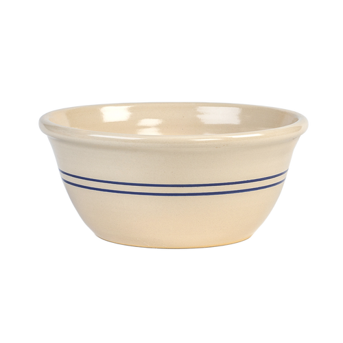 Handcrafted cream-colored stoneware mixing bowl with two blue stripes around the exterior, made in the USA, perfect for Kitchen & Food, Cookware, Baking Supplies, and Storage collections.