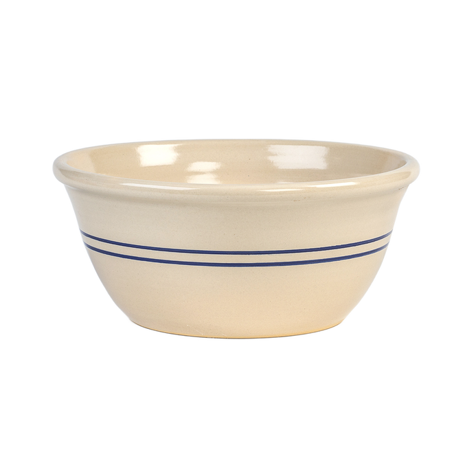 Handcrafted cream-colored stoneware mixing bowl with two blue stripes around the exterior, made in the USA, perfect for Kitchen & Food, Cookware, Baking Supplies, and Storage collections.