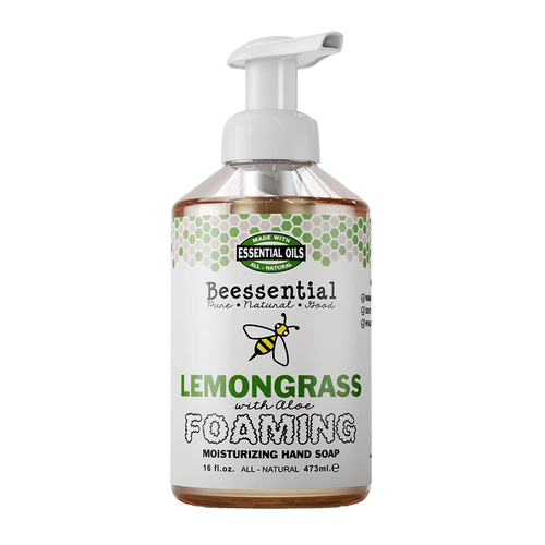 Clear pump bottle of handcrafted natural foaming hand soap in lemongrass and aloe scent, made in USA, perfect for Health & Wellness, Soaps, USA Made, and Best Sellers collections.