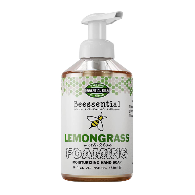 Clear pump bottle of handcrafted natural foaming hand soap in lemongrass and aloe scent, made in USA, perfect for Health & Wellness, Soaps, USA Made, and Best Sellers collections.