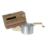 Aluminum 6-quart popcorn popper with wooden handle and hand crank, featuring metal gears, displayed with cardboard packaging and popped popcorn, suitable for Kitchen & Food, Cookware, Pots and Pans, Food, Popcorn, Best Sellers, and Promo Eligible collections.