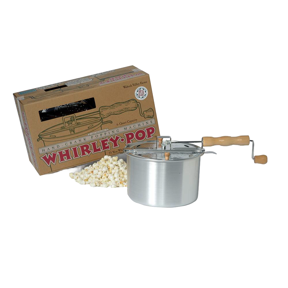 Aluminum 6-quart popcorn popper with wooden handle and hand crank, featuring metal gears, displayed with cardboard packaging and popped popcorn, suitable for Kitchen & Food, Cookware, Pots and Pans, Food, Popcorn, Best Sellers, and Promo Eligible collections.