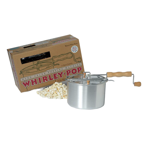 Aluminum 6-quart popcorn popper with wooden handle and hand crank, featuring metal gears, displayed with cardboard packaging and popped popcorn, suitable for Kitchen & Food, Cookware, Pots and Pans, Food, Popcorn, Best Sellers, and Promo Eligible collections.