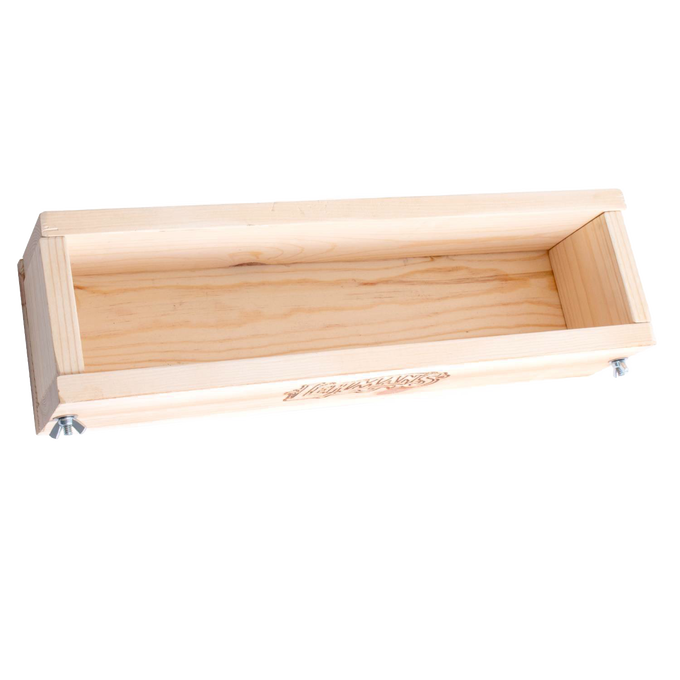 Handcrafted wooden soap loaf mold made of durable pine with adjustable ends for cutting custom soap bars, featured in Health & Wellness and Soaps and Soapmaking collections.