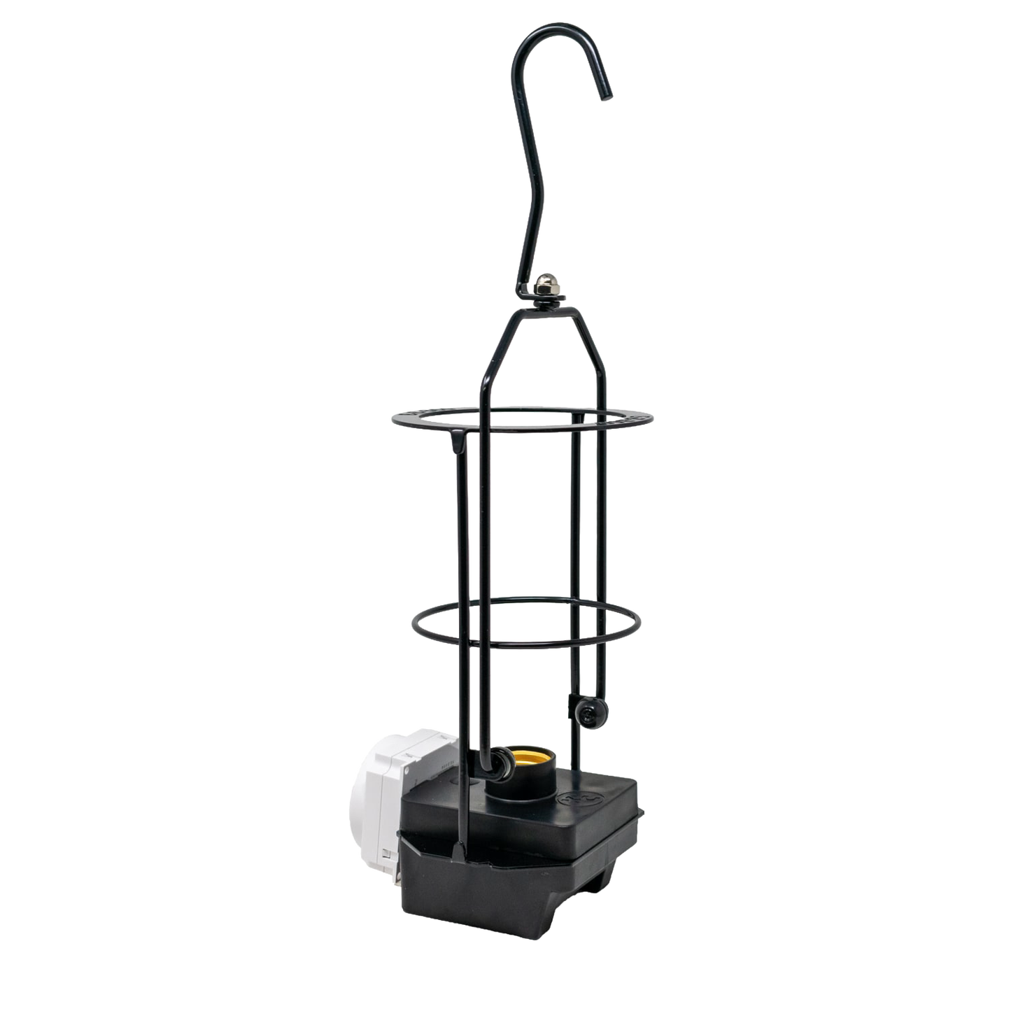 Compact hanging LED light cage with a built-in 7-day programmable timer, compatible with Milwaukee and DeWalt batteries, ideal for Lamps & Lighting and Battery collections.