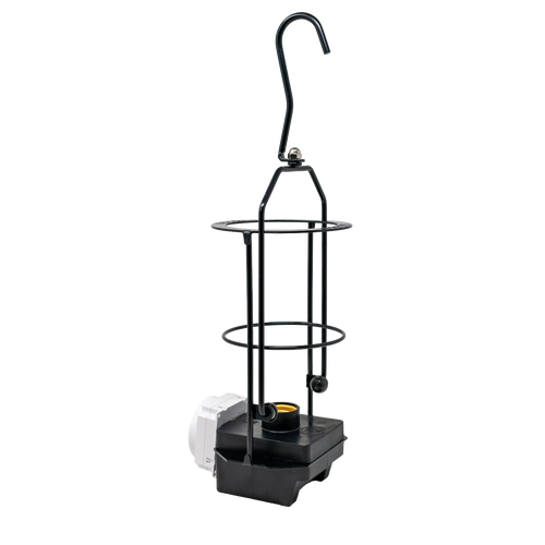 Compact hanging LED light cage with a built-in 7-day programmable timer, compatible with Milwaukee and DeWalt batteries, ideal for Lamps & Lighting and Battery collections.