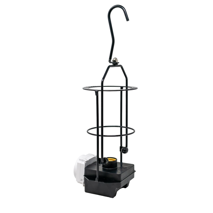 Compact hanging LED light cage with a built-in 7-day programmable timer, compatible with Milwaukee and DeWalt batteries, ideal for Lamps & Lighting and Battery collections.