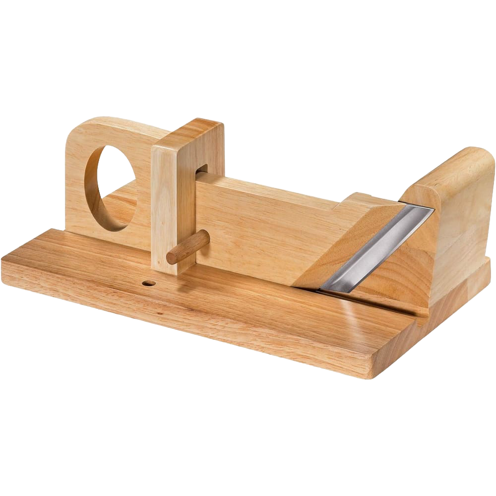 Handcrafted wooden charcuterie slicer with adjustable angled stainless steel blade, designed for precise slicing of meats and cheeses, perfect for Kitchen & Food and Food Prep collections.