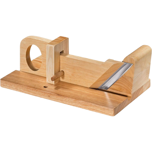 Handcrafted wooden charcuterie slicer with adjustable angled stainless steel blade, designed for precise slicing of meats and cheeses, perfect for Kitchen & Food and Food Prep collections.