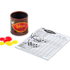 Retro-style dice cup with aluminum rim, five white dice scattered on a scorepad, and red and yellow game tokens, featured in Toys, Games and Puzzles, and Board Games collections.
