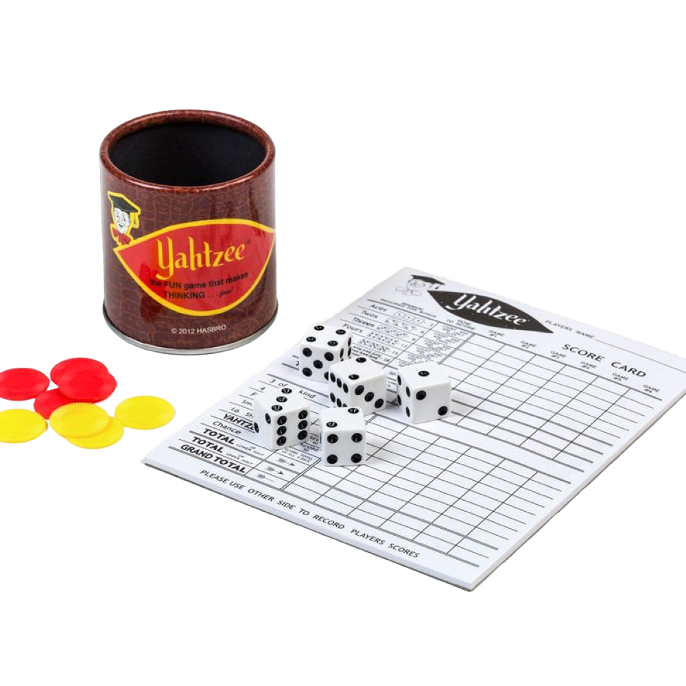 Retro-style dice cup with aluminum rim, five white dice scattered on a scorepad, and red and yellow game tokens, featured in Toys, Games and Puzzles, and Board Games collections.