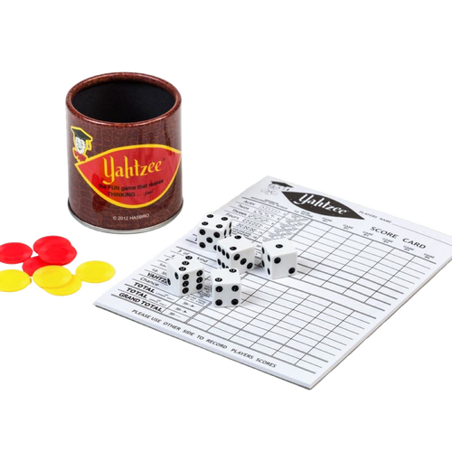 Retro-style dice cup with aluminum rim, five white dice scattered on a scorepad, and red and yellow game tokens, featured in Toys, Games and Puzzles, and Board Games collections.