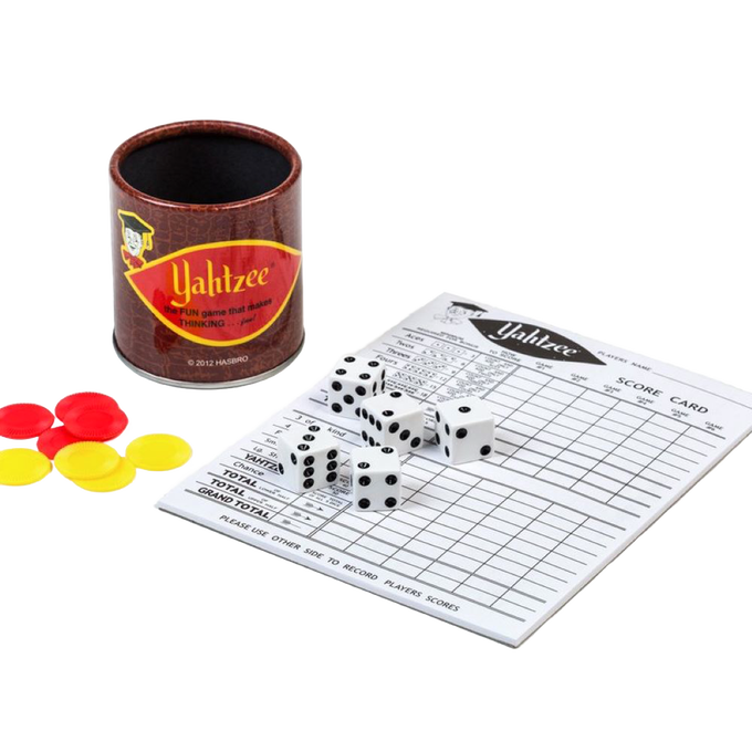 Retro-style dice cup with aluminum rim, five white dice scattered on a scorepad, and red and yellow game tokens, featured in Toys, Games and Puzzles, and Board Games collections.