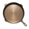 Top view of a handcrafted, lightweight cast iron skillet with smooth cooking surface and a "12" embossed, designed for Farm, Garden & Tool, Kitchen & Food, Camping, Cookware, Cast Iron, USA Made, and Best Sellers collections.