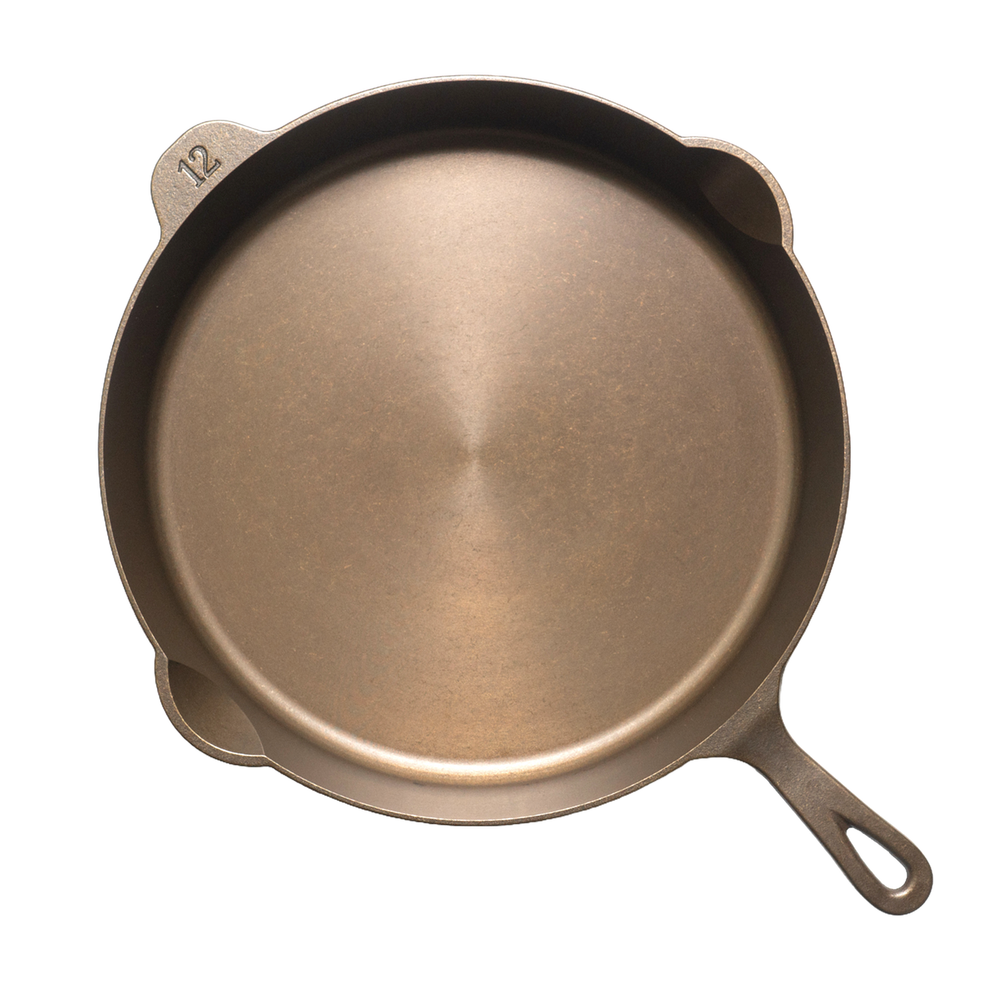 Top view of a handcrafted, lightweight cast iron skillet with smooth cooking surface and a "12" embossed, designed for Farm, Garden & Tool, Kitchen & Food, Camping, Cookware, Cast Iron, USA Made, and Best Sellers collections.