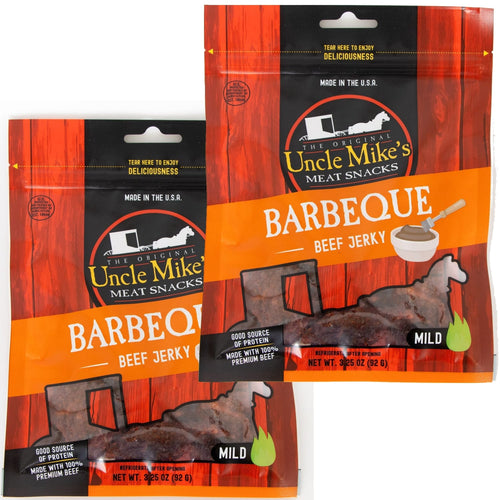 Two bags of mild barbecue beef jerky with orange and black resealable packaging, highlighting a protein-packed USA made snack from Kitchen & Food, Meats, and Best Sellers collections.