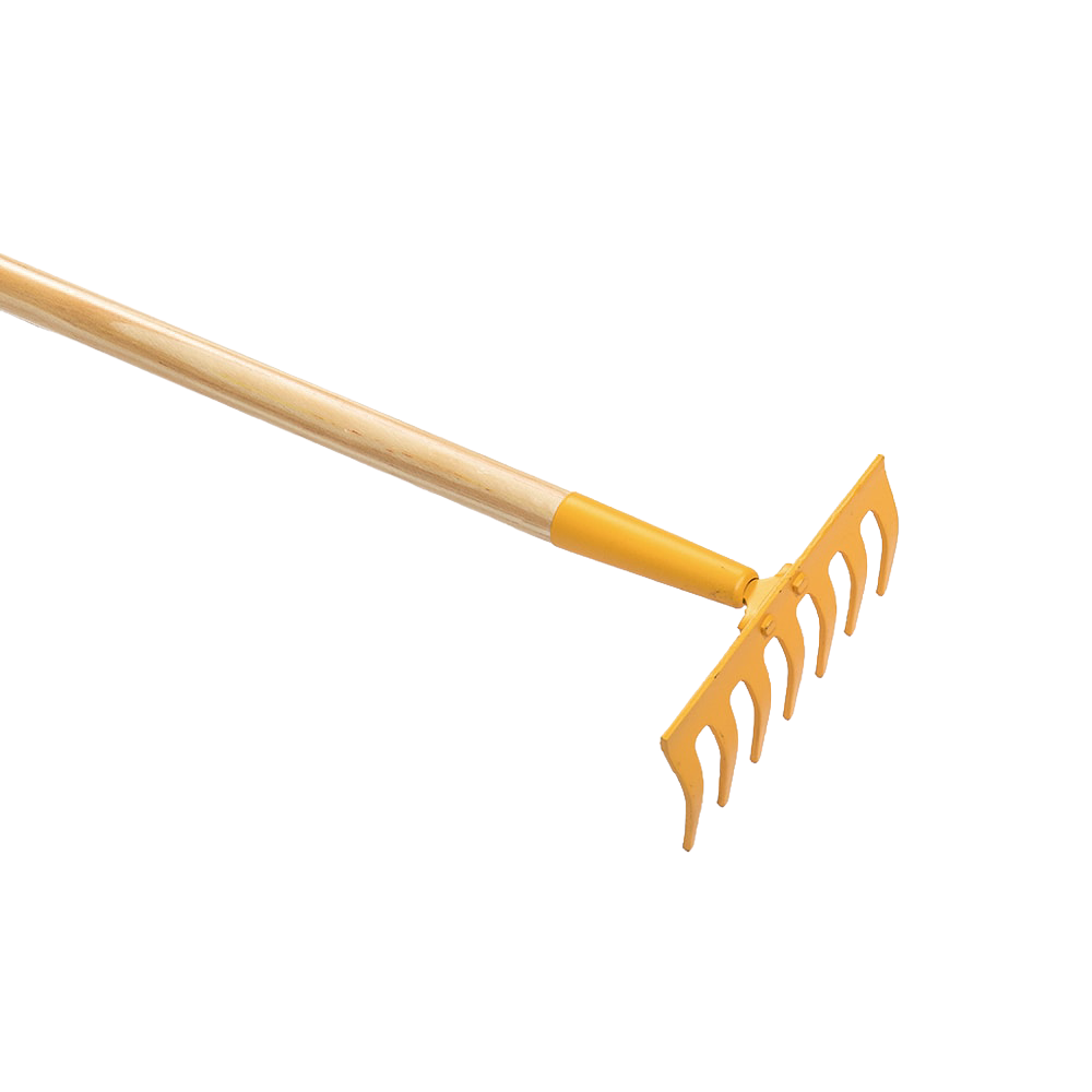 Child-sized durable gardening rake with a wooden handle and yellow metal head, designed for real outdoor use by children aged 6 and up, ideal for children's toys and outdoor play collections.