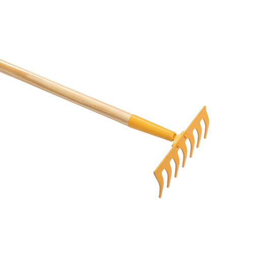 Child-sized durable gardening rake with a wooden handle and yellow metal head, designed for real outdoor use by children aged 6 and up, ideal for children's toys and outdoor play collections.