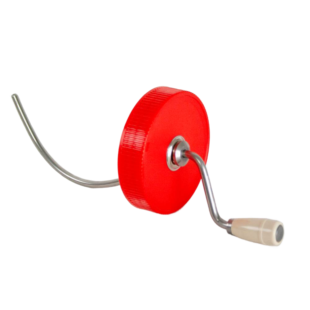 Handcrafted peanut butter stirrer with red plastic lid, cream-colored molded knob, and metal crank, made in USA, ideal for Kitchen & Food, Food Prep, and Kitchen Gadgets collections.