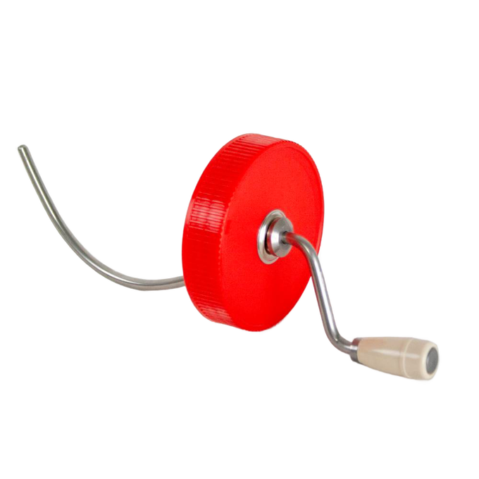 Handcrafted peanut butter stirrer with red plastic lid, cream-colored molded knob, and metal crank, made in USA, ideal for Kitchen & Food, Food Prep, and Kitchen Gadgets collections.
