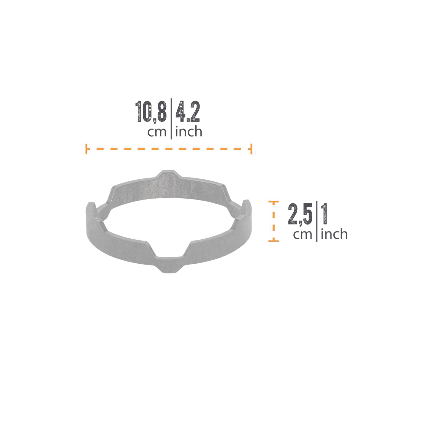 Metal cooking support ring measuring 10.6 inches wide and 2.5 inches high, designed for outdoor grilling and camping in Farm, Garden & Tool, Stoves, Grilling, and Best Sellers collections.