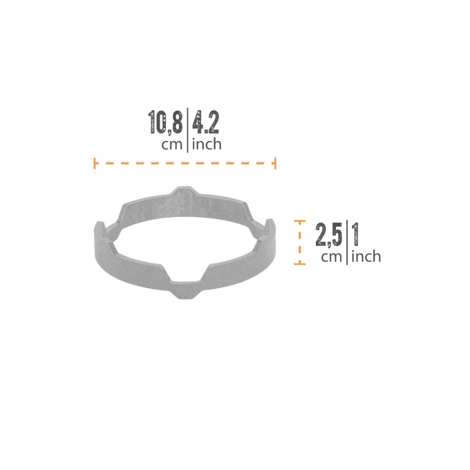 Metal cooking support ring measuring 10.6 inches wide and 2.5 inches high, designed for outdoor grilling and camping in Farm, Garden & Tool, Stoves, Grilling, and Best Sellers collections.