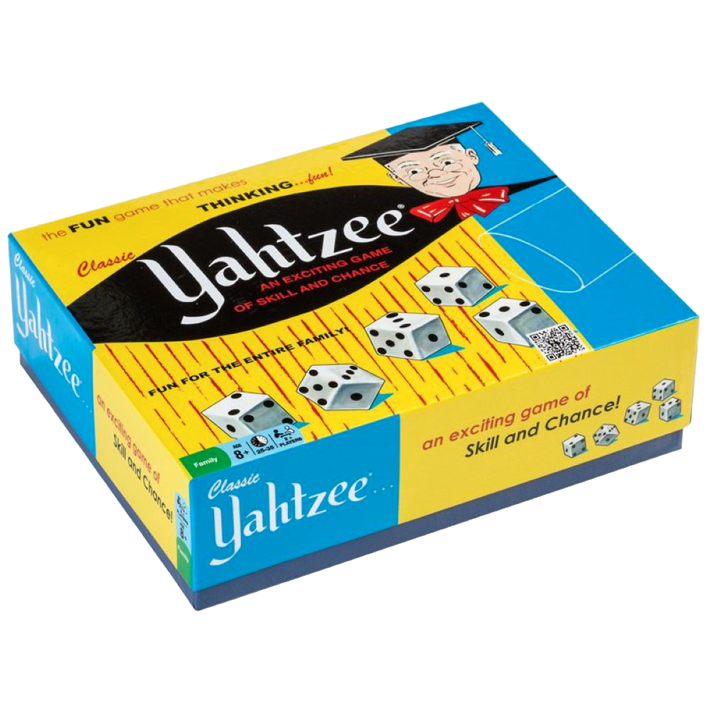 Vintage-style Classic Yahtzee Game box with dice illustrations and playful mascot, perfect for family fun in Toys, Books & Games, Children’s Toys, and Table and Board Games collections.