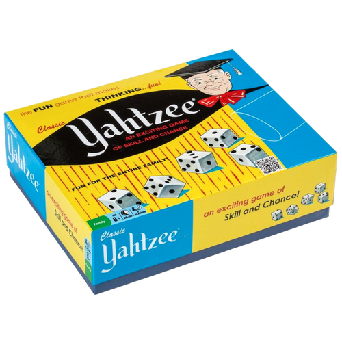 Vintage-style Classic Yahtzee Game box with dice illustrations and playful mascot, perfect for family fun in Toys, Books & Games, Children’s Toys, and Table and Board Games collections.