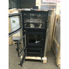 Compact wood cookstove with glass doors open to reveal cooking and fire chambers, featuring a sturdy black metal frame and polished sides, ideal for cookstoves and stoves collections.